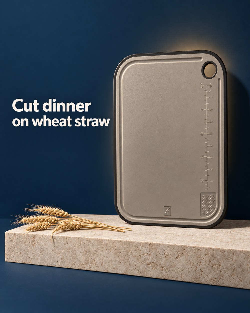 Finished ad of the same board on a stone block against navy, headline Cut dinner on wheat straw.